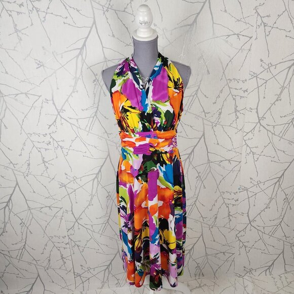 Jones Studio Colorful Artsy Floral Empire Waist Midi Dress - Picture 1 of 7